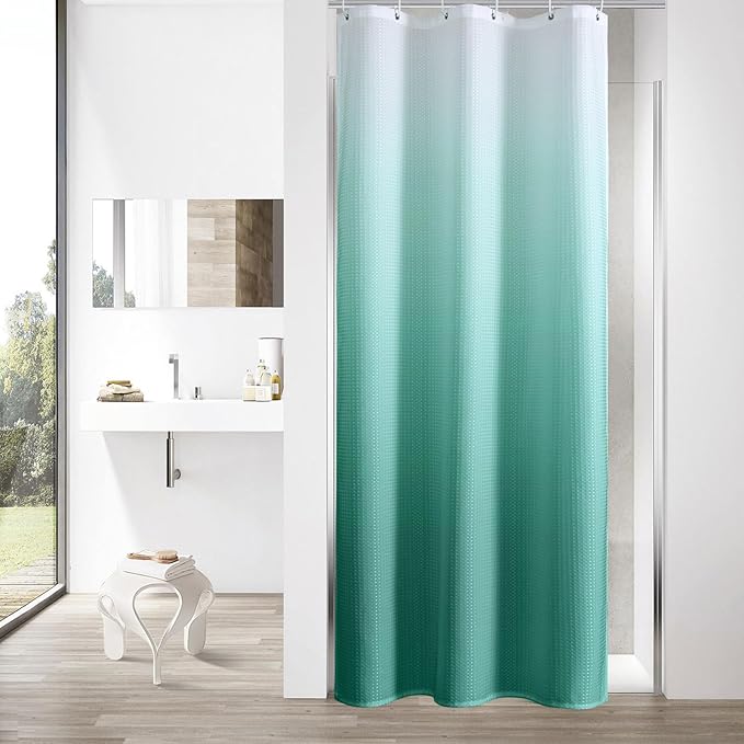 MitoVilla Teal Blue Ombre Waffle Small Stall Shower Curtain 36 x 72, Half Size Fabric Narrow Shower Curtains for Bathroom Decor, 36 inch Weighted Shower Curtain Set with Plastic Hooks