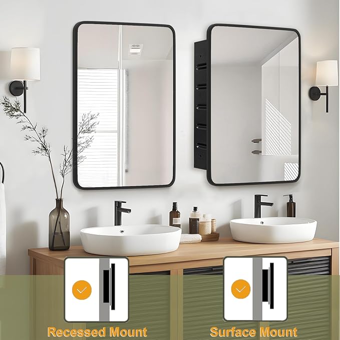 Black Medicine Cabinet 16x20 inch, Bathroom Mirror with Storage, Recessed or Wall Mounted Farmhouse Cabinets, Metal Framed, Adjustable Shelves, One Door Open Left or Right