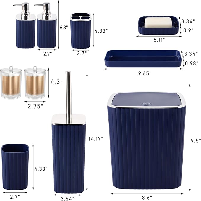 XLHOMO Navy Blue Bathroom Accessories Set - Gorgeous Bathroom Set, 10PC Bathroom Accessory Set, Toilet Brush, Trash Can, Qtip Holder & Soap Dispenser