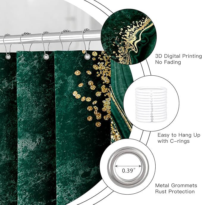4PCS Emerald Green Gold Marble Shower Curtain Sets with Rugs, Abstract Bathroom Sets with Shower Curtain and Rugs, Bathroom Curtains Shower Set with Toilet Lid Cover for Bathroom Decor