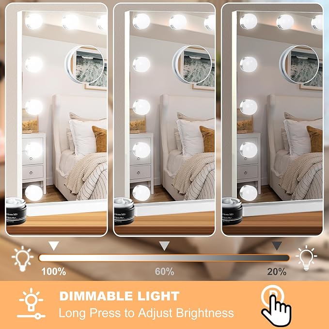 Moonee Vanity Mirror with Lights, Hollywood Lighted Makeup Mirror with 24 Dimmable Bulbs and 10X Magnification, 3 Colors Modes, Aluminum Metal Frame, Light Up Mirror for Tabletop/Wall（48" x 30"）