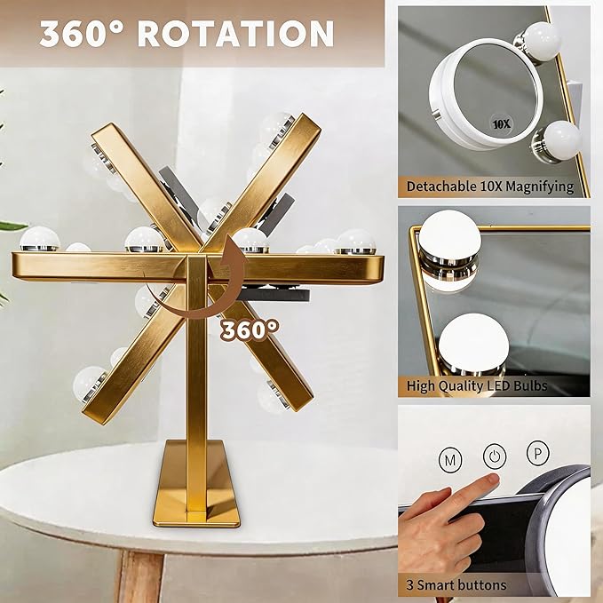 Makeup Vanity Mirror with Lights LED Makeup Mirror Detachable 10X Magnification, Hollywood Make Up Mirror with Lighting, Smart Touch, Rechargeable,360° Rotation, Gold 13.77"x 11.81"