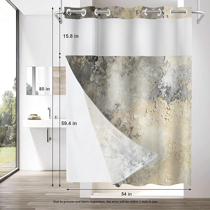 Shrahala Taupe Squares Texture No Hooks Shower Curtain with Snap in Liner Set, Grey and Beige Art Painting Bathroom Décor Polyester Fiber Waterproof for Stall Bathtubs 54 X 80 in