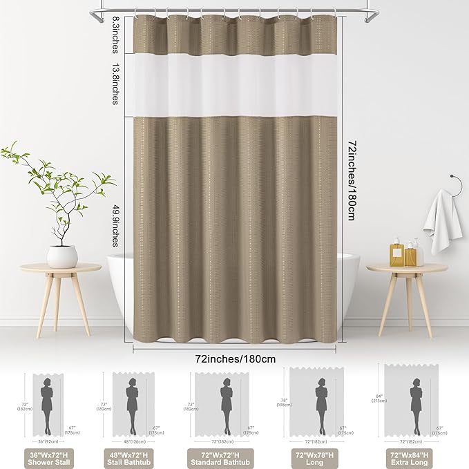 UFRIDAY Moka Waffle Weave Shower Curtain 72x72 inch, Spa Like Hotel Style Bath Curtain with Mesh Top Window, Heavy Duty Thick Fabric Shower Curtain for Bathroom, Machine Washable Water Resistant