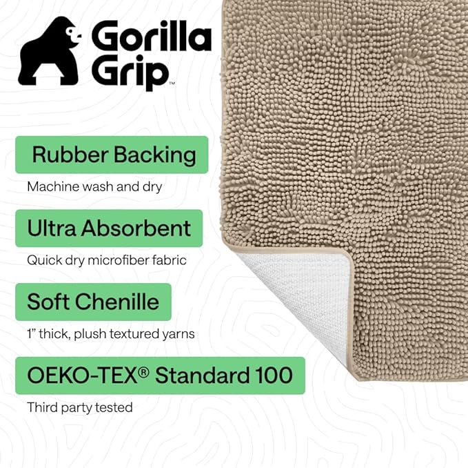 GORILLA GRIP Bath Rug Mat 44x26, Thick Absorbent Chenille, Quick Dry Microfiber Mats, Rubber Backing Washable Shower Floor Rugs, Bathmat Runner, US Designed Bathroom Home Decor Accessories Gray Beige