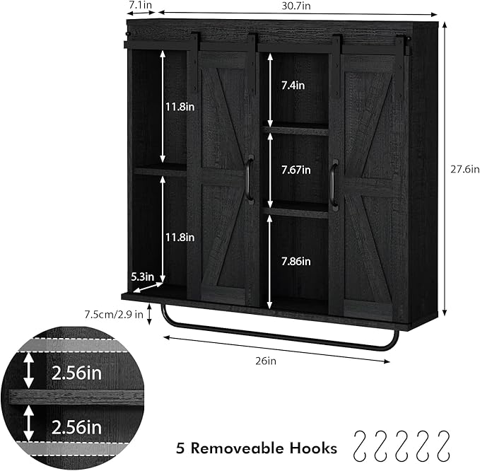 RUSTOWN Rustic Wood Wall Storage Cabinet with Two Sliding Barn Door, 3-Tier Decorative Farmhouse Vintage Cabinet for Kitchen Dining, Bathroom, Living Room,Black