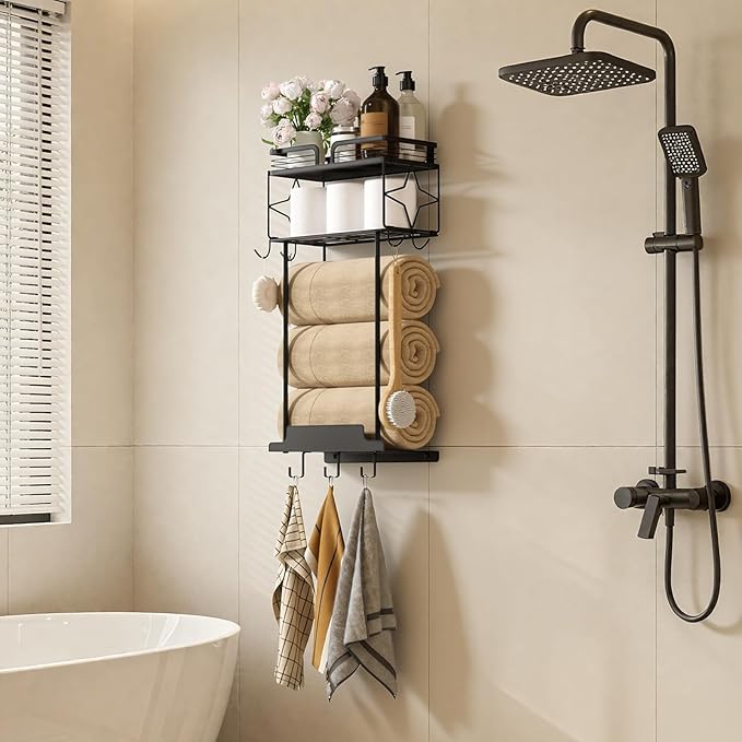 Towel Racks for Bathroom 23.8 Inch Wall Mounted Towel Rack with Shelf, Small Bathroom Towel Storage Holds 3–6 Large Rolled Towels, Metal Wall Towel Rack, Black