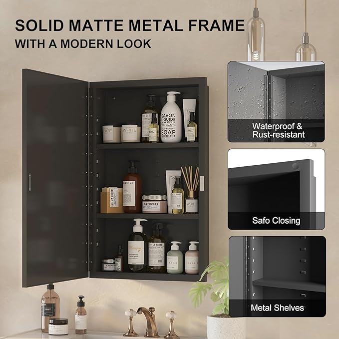 Metal Recessed Medicine Cabinets for Bathroom,Wall Mounted Medicine Cabinet with Mirror,Bathroom Cabinet with Mirror,Adjust Shelves Mirrored Cabinets with Storage,Fully Assembled 16x26