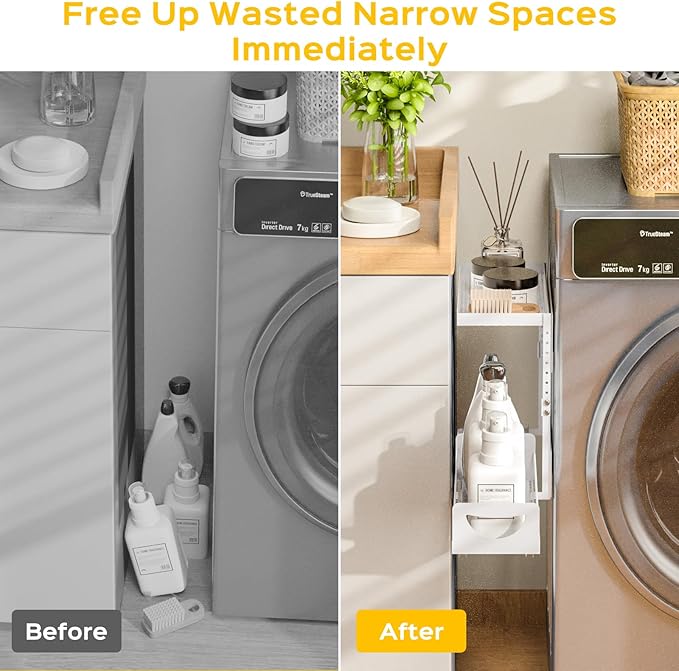Heavy-Duty Magnetic Shelf With Pull-Out Drawers for Washing Machines, Dryers and Fridge; Height-adjustable Magnetic Shelf, Ideal for Storage in Laundry Rooms, Kitchens, and Living Rooms (White)