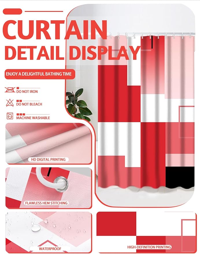 Lnond Red Bathroom Set, 22-Piece Red Geometry Bathroom Decor Set with with Shower Curtain and Rugs, Trash Can, Toilet Brush Holder Set & Soap Dispenser