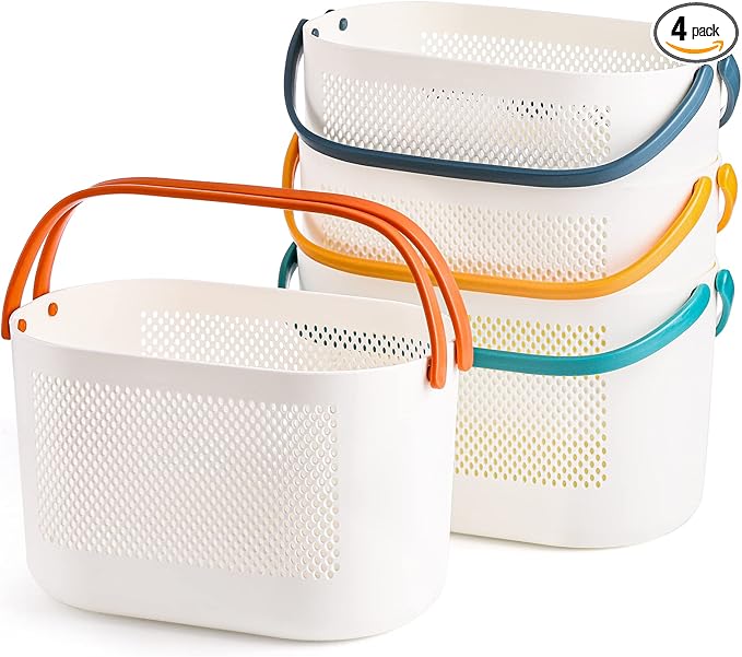 AVLA 4 Pack Portable Shower Caddy Basket, Plastic Storage Baskets with Handles, Drainage Toiletry Organizer Bin, Dorm Shower Tote Bag for Bathroom, Kitchen, Closet, Bedroom, College, Gym, Camp