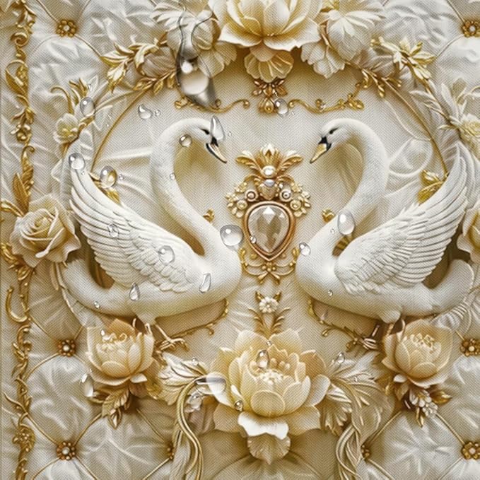 NBVKO 4Pcs Luxury Swan Reliefs Printed Shower Curtain Set with 12 Hooks Non-Slip Rugs,Toilet Lid Cover and Bath Mat, Stylish Bathroom Decor for Hotel & Home Bathroom