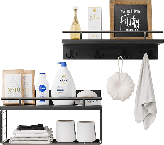Floating Shelves - Black Bathroom Shelves Over Toilet, Set of 2 Wall Shelves with Basket and Hooks