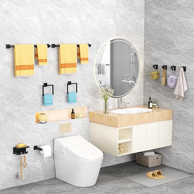 10 Pieces Matte Black Bathroom Accessories Set, 23.6 Inch Towel Racks for Bathroom Wall Mounted, Stainless Steel Bath Towel Bar Set, Bathroom Hardware Accessories for Kitchen & Bath