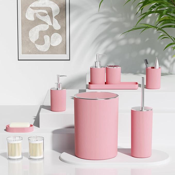Light Pink Bathroom Accessories Set, 10PC Bathroom Set, Bath Accessory with Pop Up Trash Can, Soap Dispenser, Toilet Brush, Toothbrush Set Qtip Holders & Tray