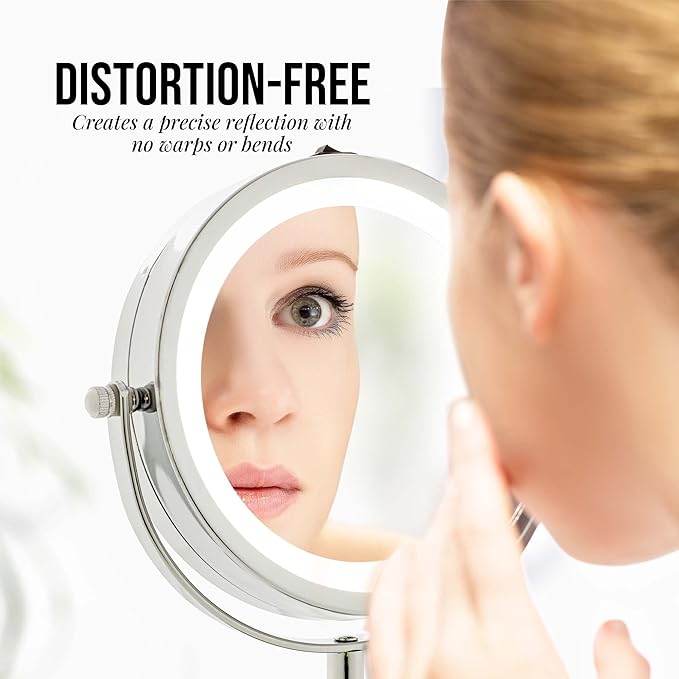 OVENTE 6" Lighted Makeup Mirror with 1X/7X Magnification, Cordless Tabletop Mount Vanity Round Mirror with 360° Swivel Design and Double Sided Cool Tone LED Ring Light, Polished Chrome MLT60CH1X7X