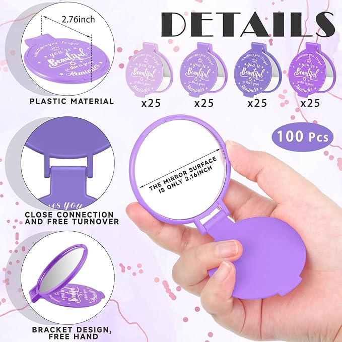 100 Pcs 2.76 Inch Inspirational Compact Mirror Bulk Women Small Gifts Graduation Party Favors Purse Mirror Pocket Mini Stuffer Items for Adult Coworker Cheerleader Employee (Purple Series)