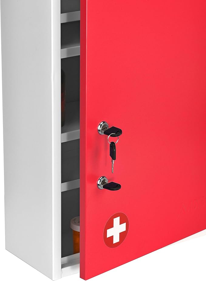 AdirMed Locking Medicine Cabinet Wall Mounted First Aid Cabinet with Lock, Lockable Wall Medicine Cabinet with Dual Lock and Dual Keys, 21" H x 16" W x 6" D, Red