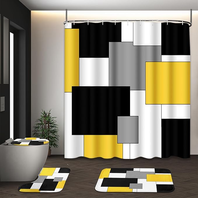 Yellow Geometric Shower Curtain Set with Toilet Lid Cover and Non-Slip Rugs for Bathroom, Black White Grey Checkered 4 Pcs Shower Curtain, Modern Abstract Bathroom Set with 12 Hooks