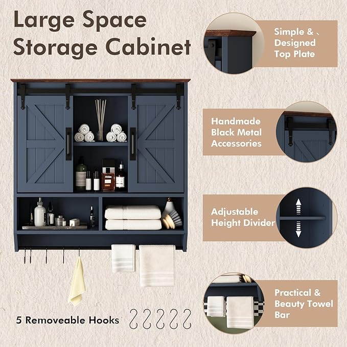 RUSTOWN Farmhouse Bathroom Wall Cabinet,3-Tier Rustic Wood Wall Mounted Cabinets,Vintage Medicine Cabinet with Sliding Barn Door and Adjustable Shelves,Over The Toilet Storage Cabinet (Navy Blue)