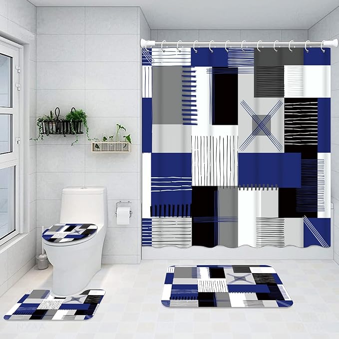 All Smiles Blue Shower Curtain Sets with Non-Slip Rugs,Toilet Lid Cover and Bath Mat, Black and Gray Bathroom Decor Set Accessories Waterproof Shower Curtains