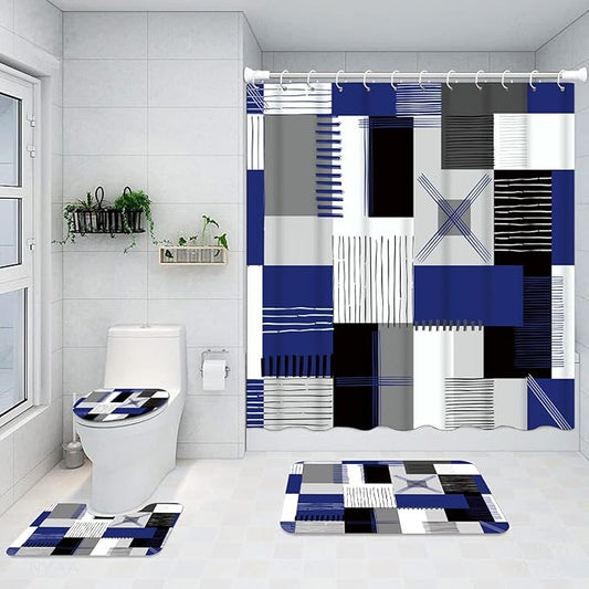 All Smiles Blue Shower Curtain Sets with Non-Slip Rugs,Toilet Lid Cover and Bath Mat, Black and Gray Bathroom Decor Set Accessories Waterproof Shower Curtains