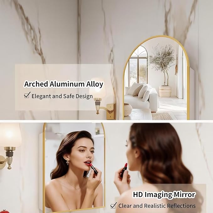 Arched Gold Medicine Cabinet with Mirror, 20x32 Inch Surface Mount Bathroom Storage Cabinet, Wall Mounted Mirror Cabinet with Adjustable Glass Shelf, Left or Right Door Opening, Brushed Gold Finish