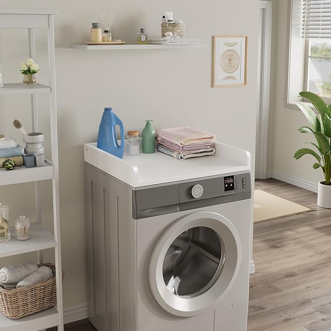 Washer Dryer Countertop, 27.5" D x 27.5" W x 3.2" H, Countertop for Washer and Dryer with Non-Slip Pads and Round Corner Edge Rails, Laundry Room Organization(White)