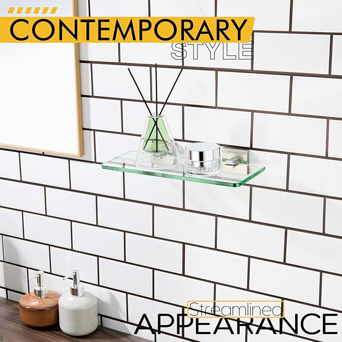 KOKOSIRI Floating Glass Shelf Bathroom Wall Mount Shelves 12-Inch Kitchen Rack for Shower Storage Home Decor, Brushed Stainless Steel B1107BR-L12