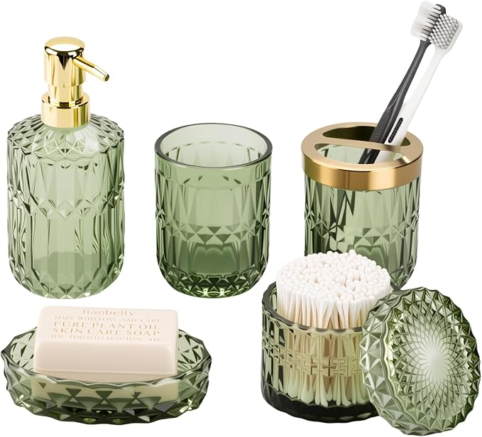 Green Bathroom Accessories Set, 5Pack Clear Glass Bathroom Accessories, Includes Lotion Soap Dispenser, Toothbrush Holder, Qtip Holder and Soap Dish, Vintage Bathroom Décor