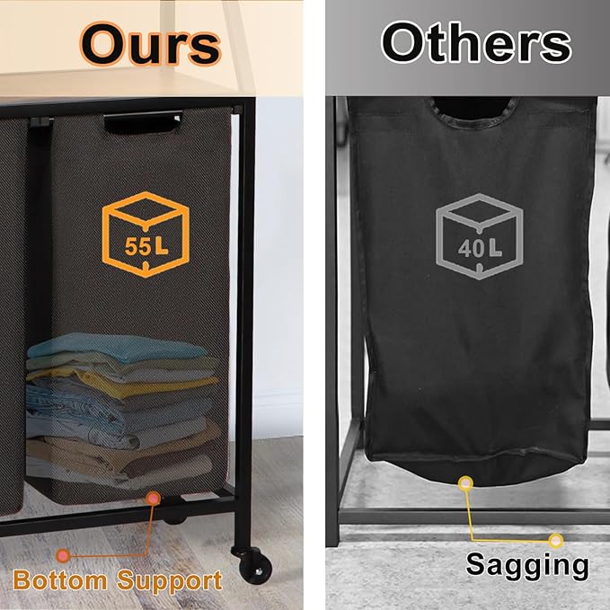 Timberer Laundry Hamper, Laundry Sorter 3 Section, Rolling Laundry Basket with Wheels, 2 Shelves, 3 × 14.5 Gal, Pull-Out and Removable Oxford Fabric Bags, for Laundry Room, Black and Rustic Brown