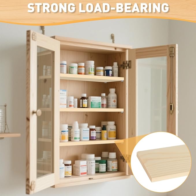 6pcs Medicine Cabinet Shelf Replacement 13inch Wooden Medicine Cabinet Shelves Wooden Bathroom Cabinets Shelves for Living Room Bathroom Kitchen Wall Mounted Medicine Cabinets(Light Brown)