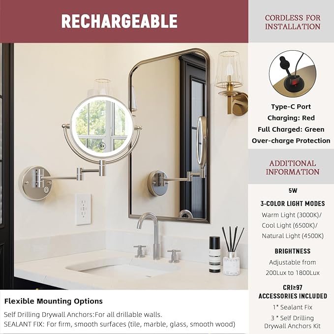 Upgraded Brightness 3-Colors LED 5X Bathroom Magnifying Mirror Wall Mounted, Double Sided Touch Dimming Wall-Mounted Close up Mirror with Lighting, Rechargeable, Brushed Nickel