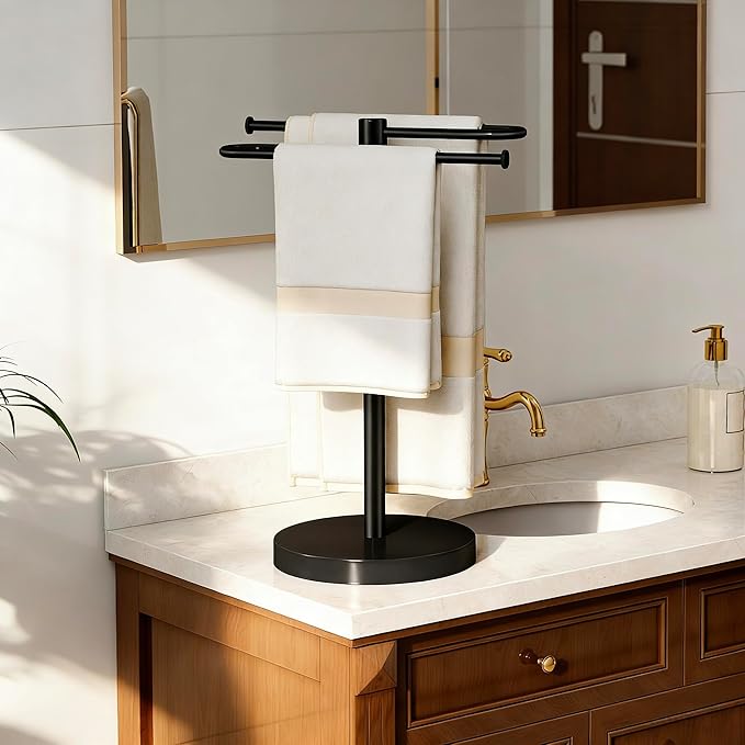 Hand Towel Stand, Stainless Steel Towel Holder for Bathroom Countertop, 15.2 Inch S-Shape Weighted Base Standing Hand Towel Rack Bar Holds 2 Towels for Kitchen Vanity, Black