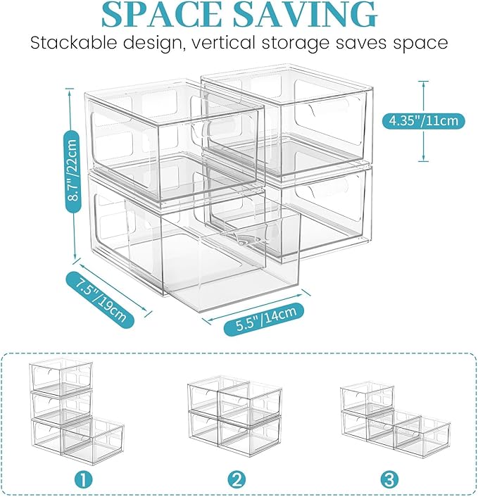 SpaceHacks 6 Pack Stackable Plastic Makeup Organizer Drawers, Acrylic Organizers, Clear Storage Bins with Pull-Out Handles for Vanity, Kitchen Cabinets, Pantry
