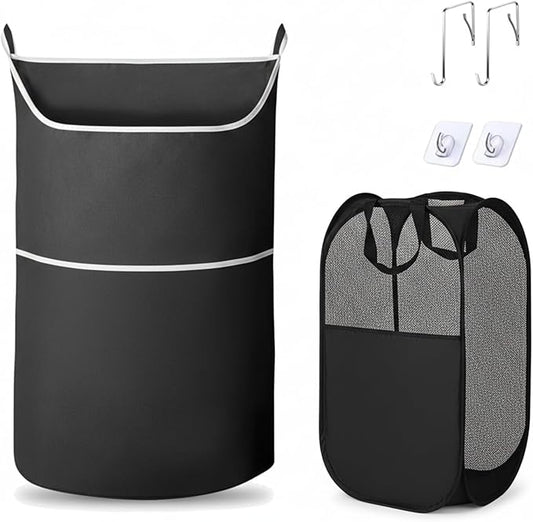 2-in-1 hanging laundry hamper Bag + Pop-up mesh laundry basket, XL Over the door bag 36x22in with bottom zipper & front pocket, 600D Oxford, space-saving, foldable, hooks for home, dorm, RV & travel