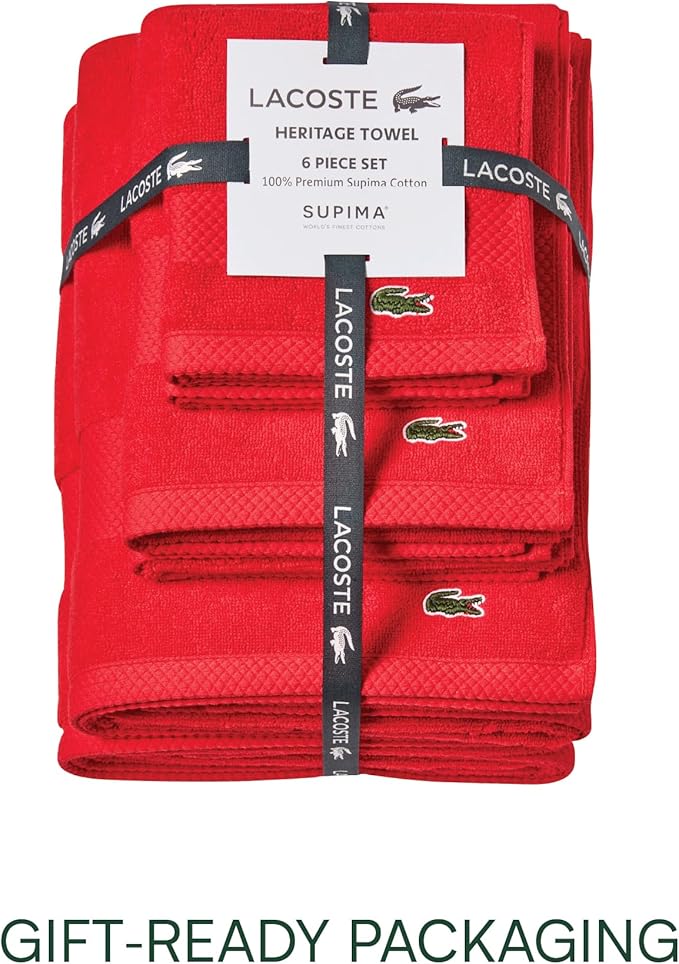 Lacoste Heritage Anti-Microbial Supima Cotton 6-Piece Towel Set, 2 Bath Towels, 2 Hand Towels, 2 Washcloths, Formula 1 – Highly Absorbent & Quick Drying, Bathroom Essential, Machine Washable