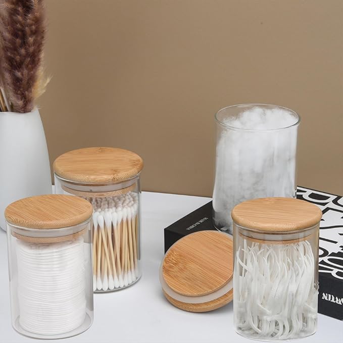 BKYFPQ 4 Pack Glass Qtip Holder Dispenser Set - Apothecary Jars with Lids for Vanity Makeup Organizer - Bathroom Canister Storage Organizer for Cotton Ball, Swab, Round Pads,Floss