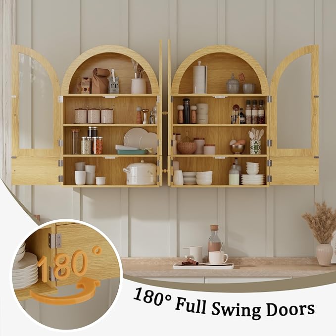 BREEZEHEAT Arched Medicine Cabinet with Extra Storage, Glass Doors, Adjustable Shelf -Wall Mounted Over Toilet Cabinet for Bathroom, Kitchen, Laundry Room, Natural Oak Wood Grain, 23.6x33.5 Inch