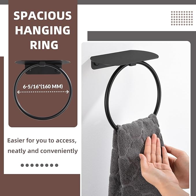 APLusee Matte Black Bath Towel Ring with Shelf, Stainless Steel Towel Holder, Wall Mount