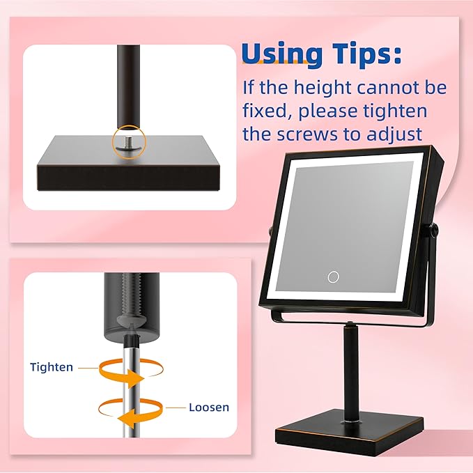 Ruacq Makeup Mirror with Lights, 4000mAh Rechargeable Magnifying Mirror with Light, 1X/10X, Height Adjustable Bathroom Vanity Mirror, 3 Colors, Adjustable Brightness (Oil Rubbed Bronze)