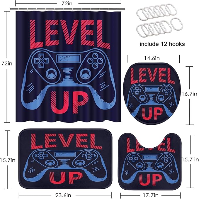 ArtSocket Fun Game Bathroom Set with Shower Curtain and Rugs Accessories, Computer Gamer Child Play Game Shower Curtain, Level Up Bathroom Decor 4 Pcs