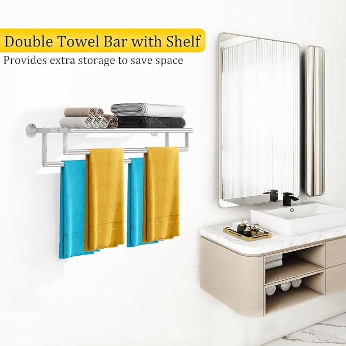 Double Towel Racks for Bathroom, Towel Rack with Shelf, Towel Shelf with Double Towel Bar Brushed Nickel, Wall Mount Towel Holder Stainless Steel, 32 Inch Towel Bar with Shelf