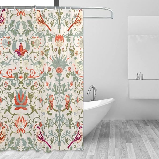 Bohemia William Morris Art Fabric Shower Curtain,Abstract Retro Mid Century Boho Floral Bird Hotel Quality,Machine Washable,72L x72W for Bathroom.