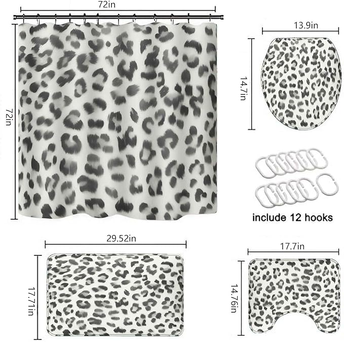 TOMWISH 4 Pcs Leopard Print Shower Curtain Set,Cheetah Print Bathroom Sets Complete Shower Curtain Toilet Lid Cover and Bath Mat Bathroom Decor Sets,juego de baños de Set Bath Accessories with Hooks