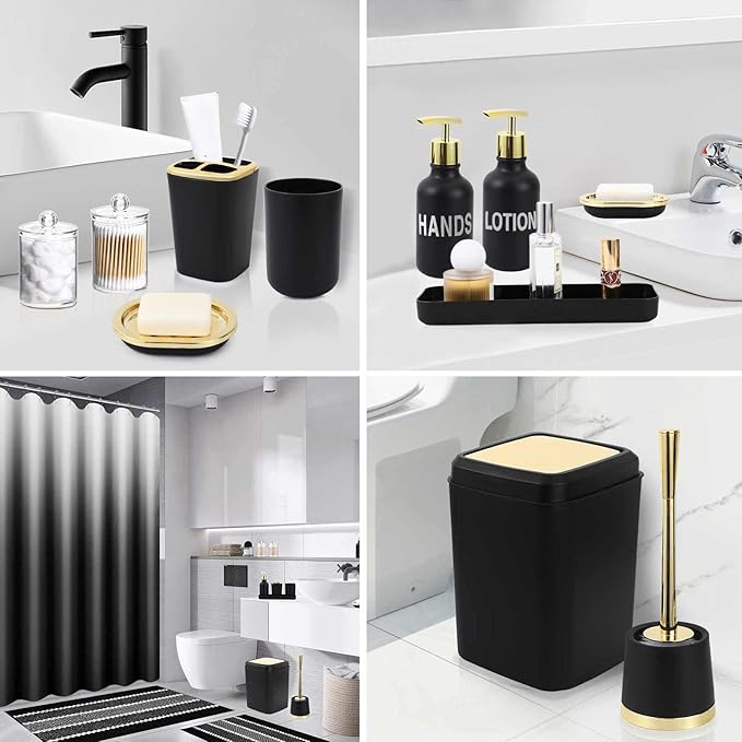 XLHOMO 25PCS Black Bathroom Accessories Sets Complete, with Shower Curtain, Rugs, Trash Can and Toilet Brush, Soap Dispenser, Toothbrush Holder and Cup, Soap Dish, Qtip Holder, Bathroom Decor Sets