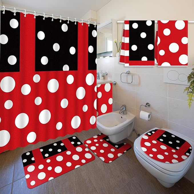 Nuanchu 6 Pcs Red Black Polka Dot Shower Curtain Set with Rug Polka Dot Bathroom Sets with Shower Curtain Bath Mat U Shaped Mat Toilet Lid Cover 2 Bath Towels and 12 Hooks Bathroom Decor