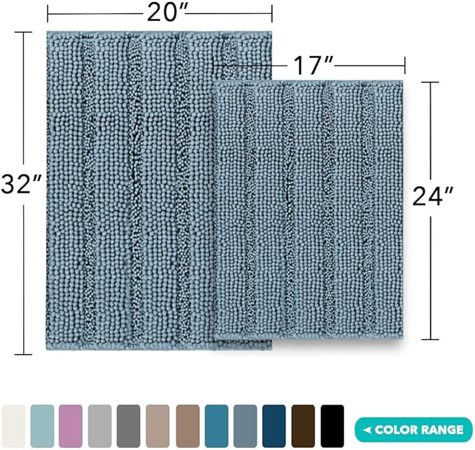 Turquoize Chenille Bathroom Rugs Set - Non-Slip Bath Mats for Bathroom Floor, Kitchen/Entryway (20" x 32" and 17" x 24"), Stone Blue