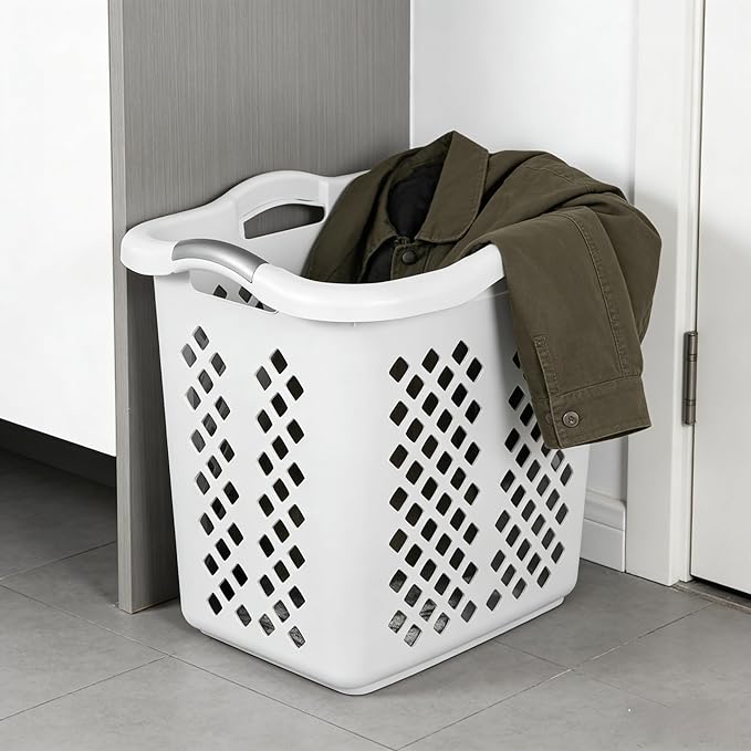 2-bushel capacity laundry baskets with silver handles, white, 2-pack