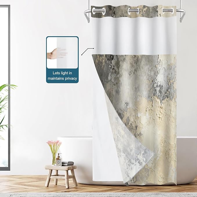 Shrahala Taupe Squares Texture No Hooks Shower Curtain with Snap in Liner Set, Grey and Beige Art Painting Bathroom Décor Polyester Fiber Waterproof for Stall Bathtubs 35.5 X 74 in
